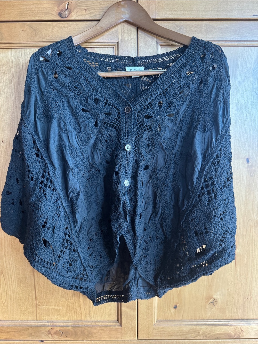 POL Black Crochet Button-Front Women's Top